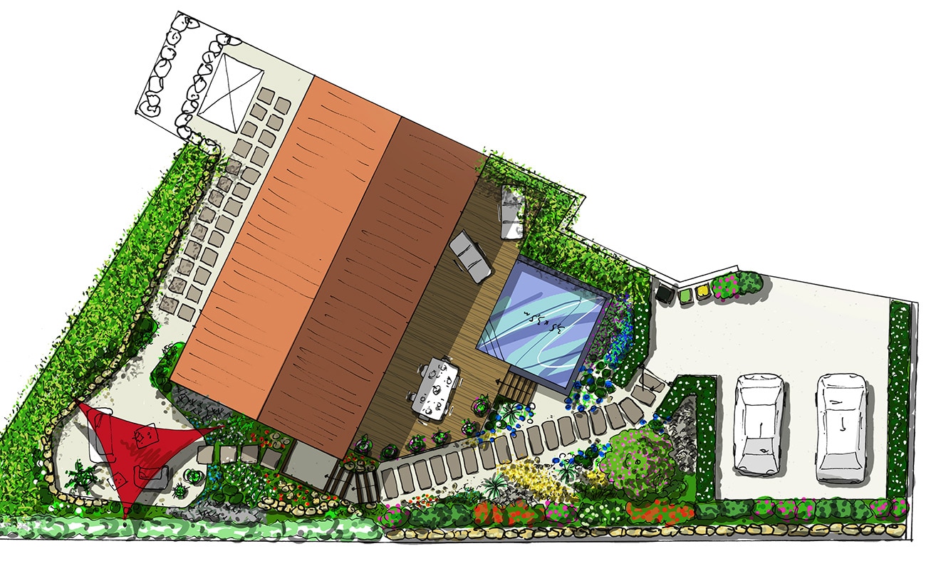 Plan projet piscine carrée et jardin écologique - Architecte paysagiste concepteur Montpellier