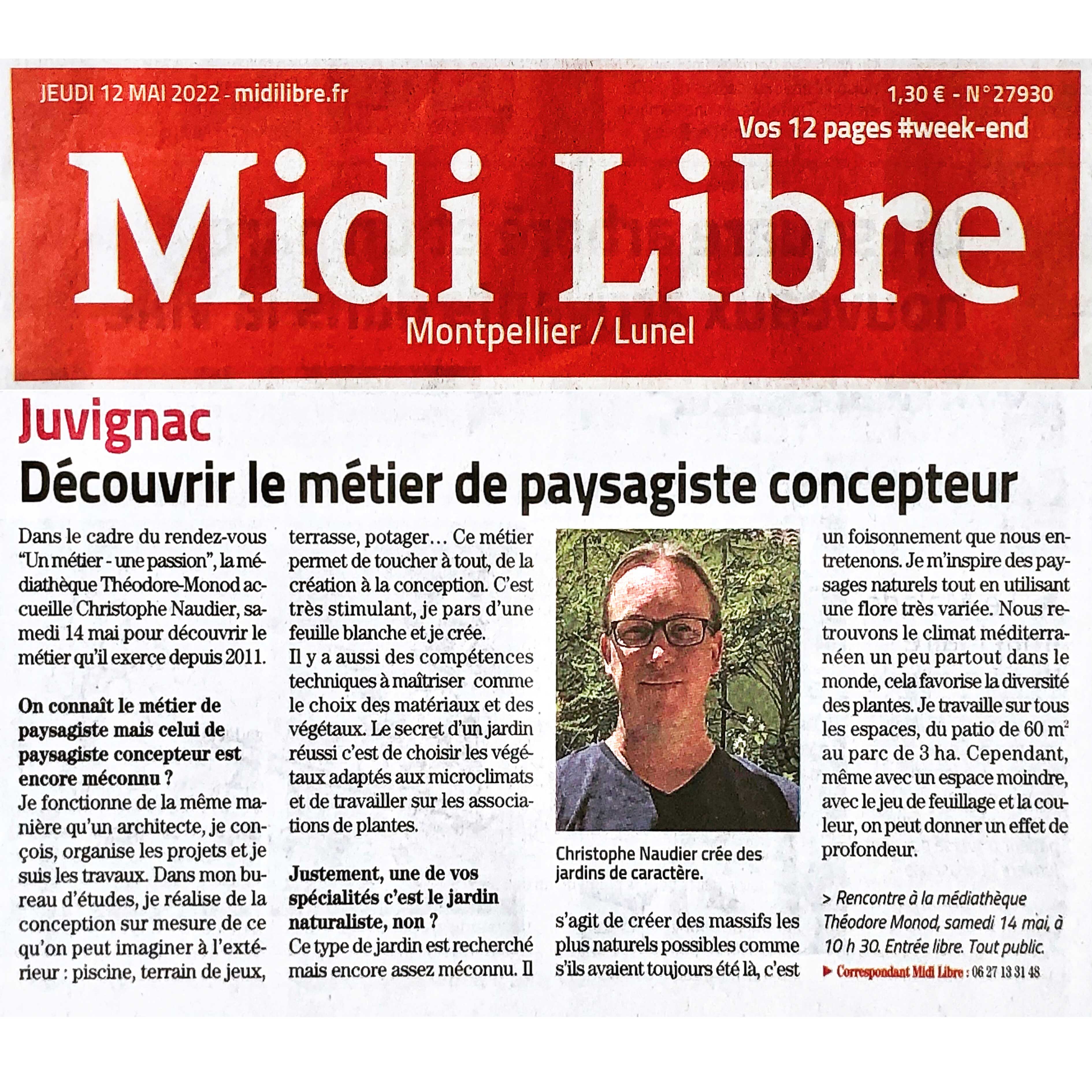 Atelier Naudier - Article journal MIDI LIBRE - Couverture - Interview Architecte paysagiste concepteur