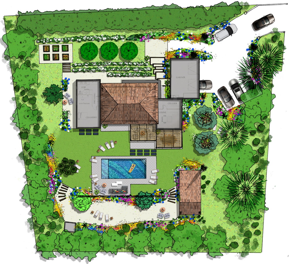 Plan 3D conception jardin paysager