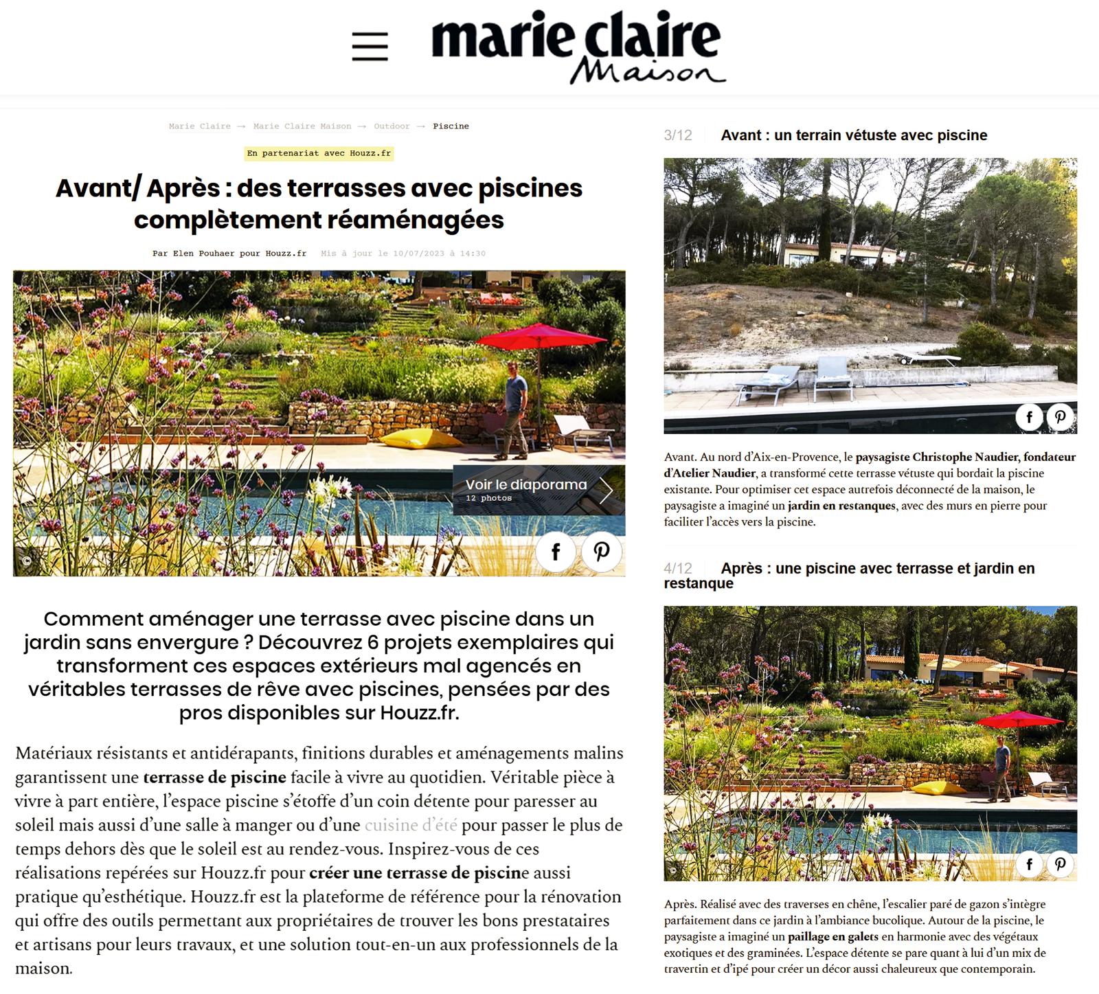 Parution Marie Claire Maison : Terrasse piscine réaménagé par l&rsquo;Atelier Naudier